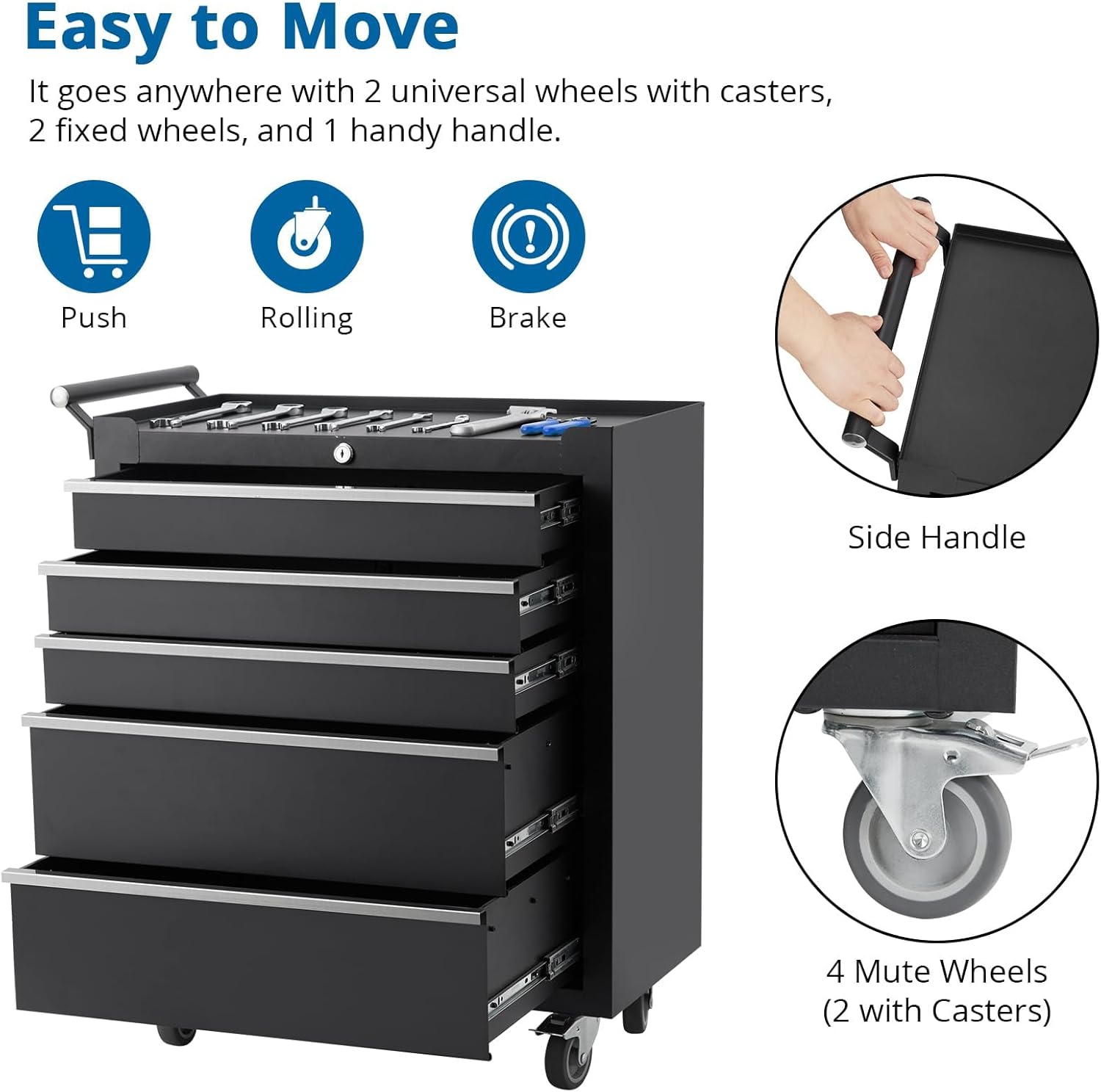 5-Drawer Rolling Tool Storage Chest,Garage Tool Box with Key Lock and Removable Drawer Liners,Portable Mobile Tool Storage Cabinet for Garage, Workshop, Mechanics and Repair Room