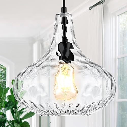 Glass Large Pendant Lights for Kitchen Island Blown Glass Pendant Light Clear Hammered Shade Hanging Ceiling Lights with Black Finish for for