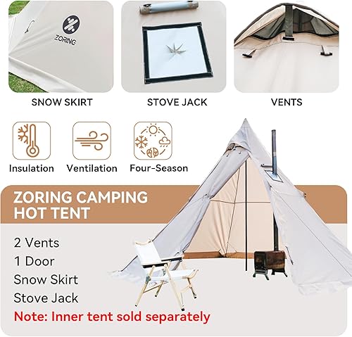Miniatura 3 de Hot Tent with Stove Jack, 4 Season 3-4 Person Tipi Tent for Camping, 8.2ft Standing Room with Snow Skirt, Cold Weather Shelter for Family Fishing,