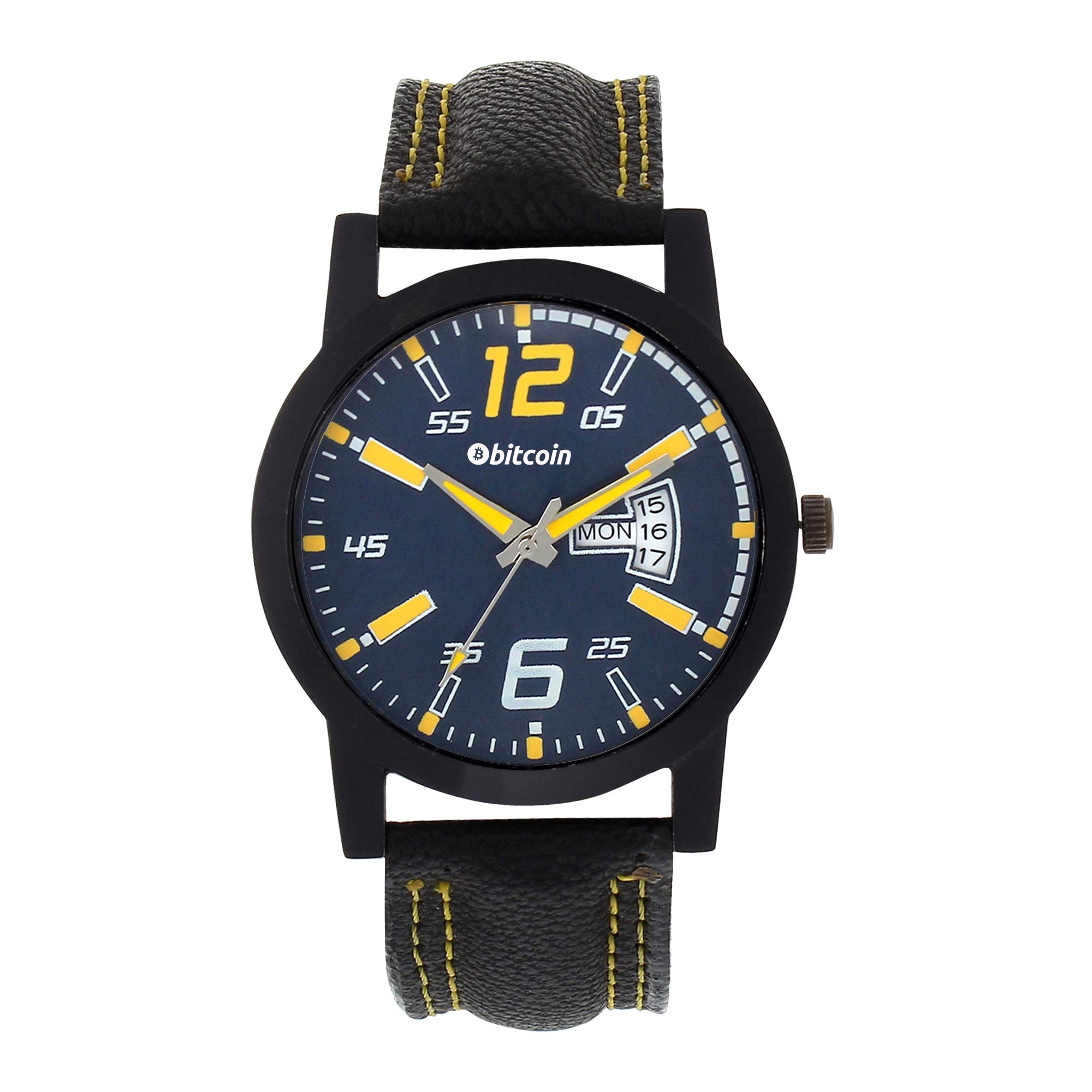 BITCOIN Analog Black Strap Blue Round Dial with Day_Date Indicator Wrist Watches for Men (B092J5SBNB) Amazon Price History, Amazon Price Tracker