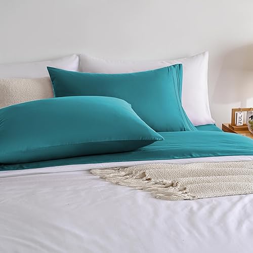 Miniatura 7 de Juego de sábanas de tamaño matrimonial color verde azulado, juego de sábanas bajeras y fundas de almohada, 4 piezas de microfibra suave y