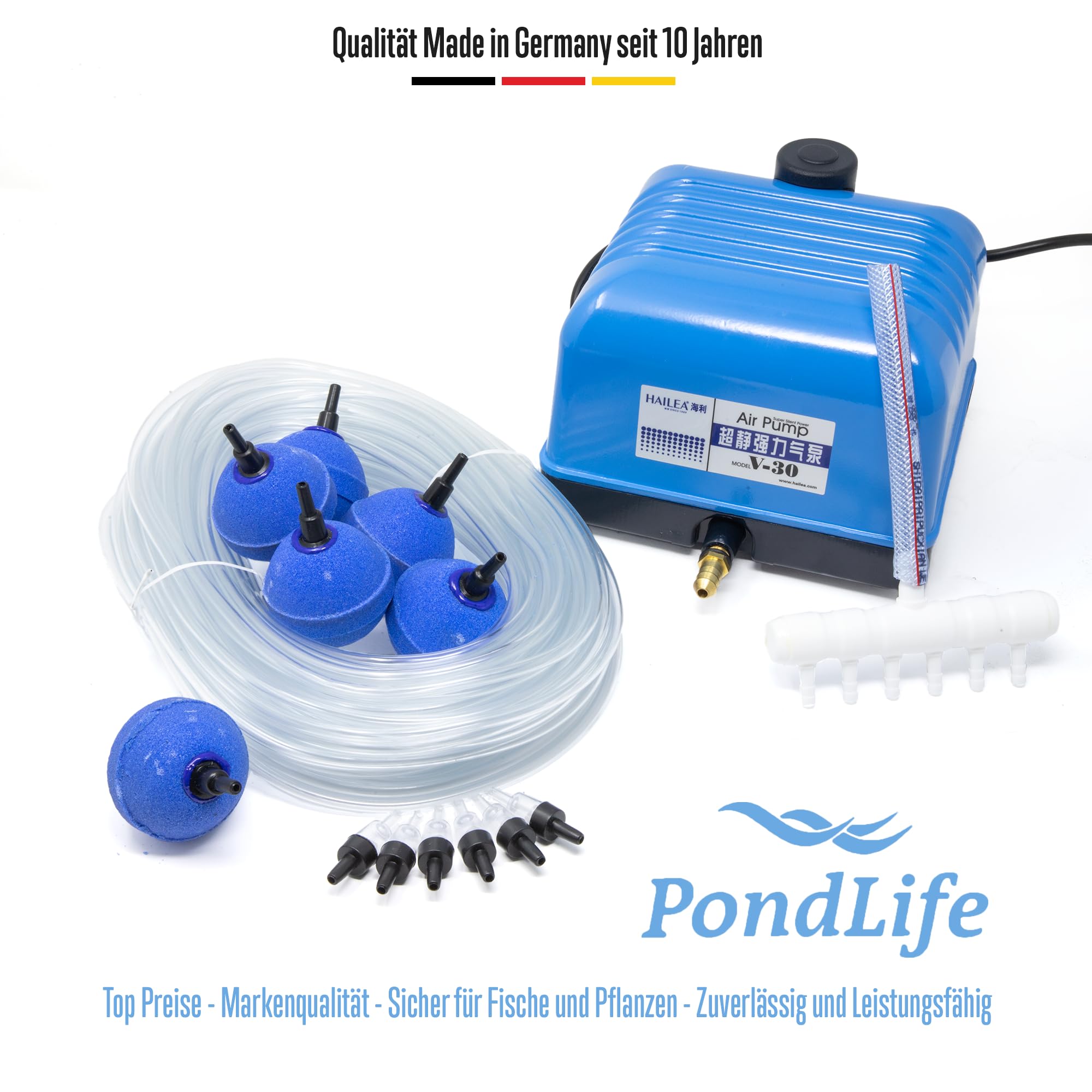 Pondlife Belüfter Komplett Set V-30 - Leistungsstark - Qualitativ - Luftverteiler - Belüftersteine - Schlauch inkl.
