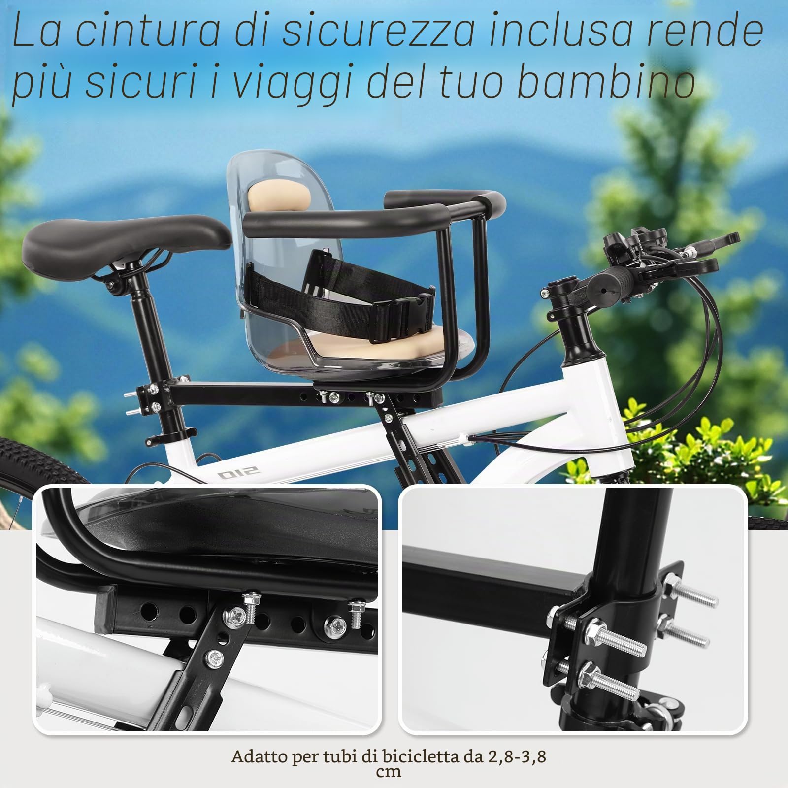 Seggiolino da Bici per Bambini, con Supporto Anteriore, con Cintura di Sicurezza e corrimano, Compatibile con Bici per Adulti