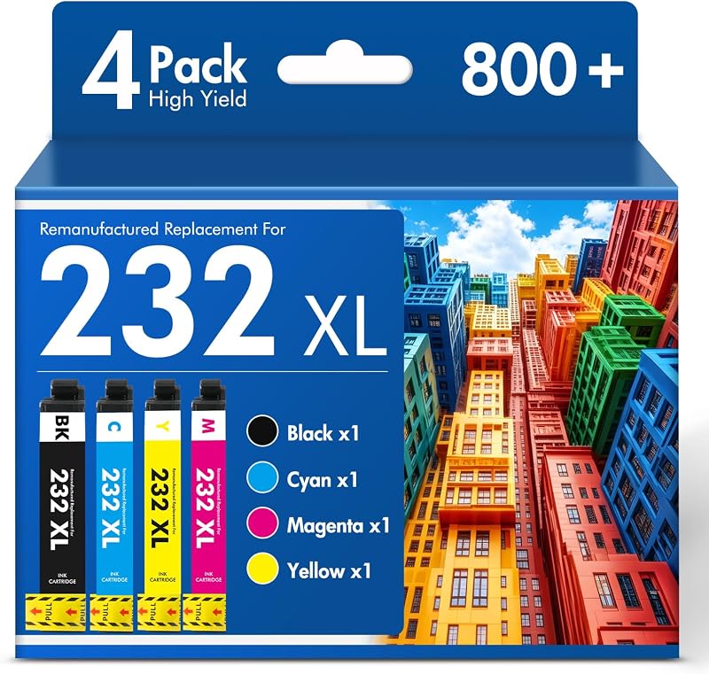 Remanufactured for 232 for Epson XP-4200 for 232XL Ink Cartridge Combo Pack | Compatible for Epson Printer XP-4200 XP4200 WF-2930 XP-4205 WF-2950 XP 4200 4205 WF 2930 2950 (4 Pack-BKCMY)