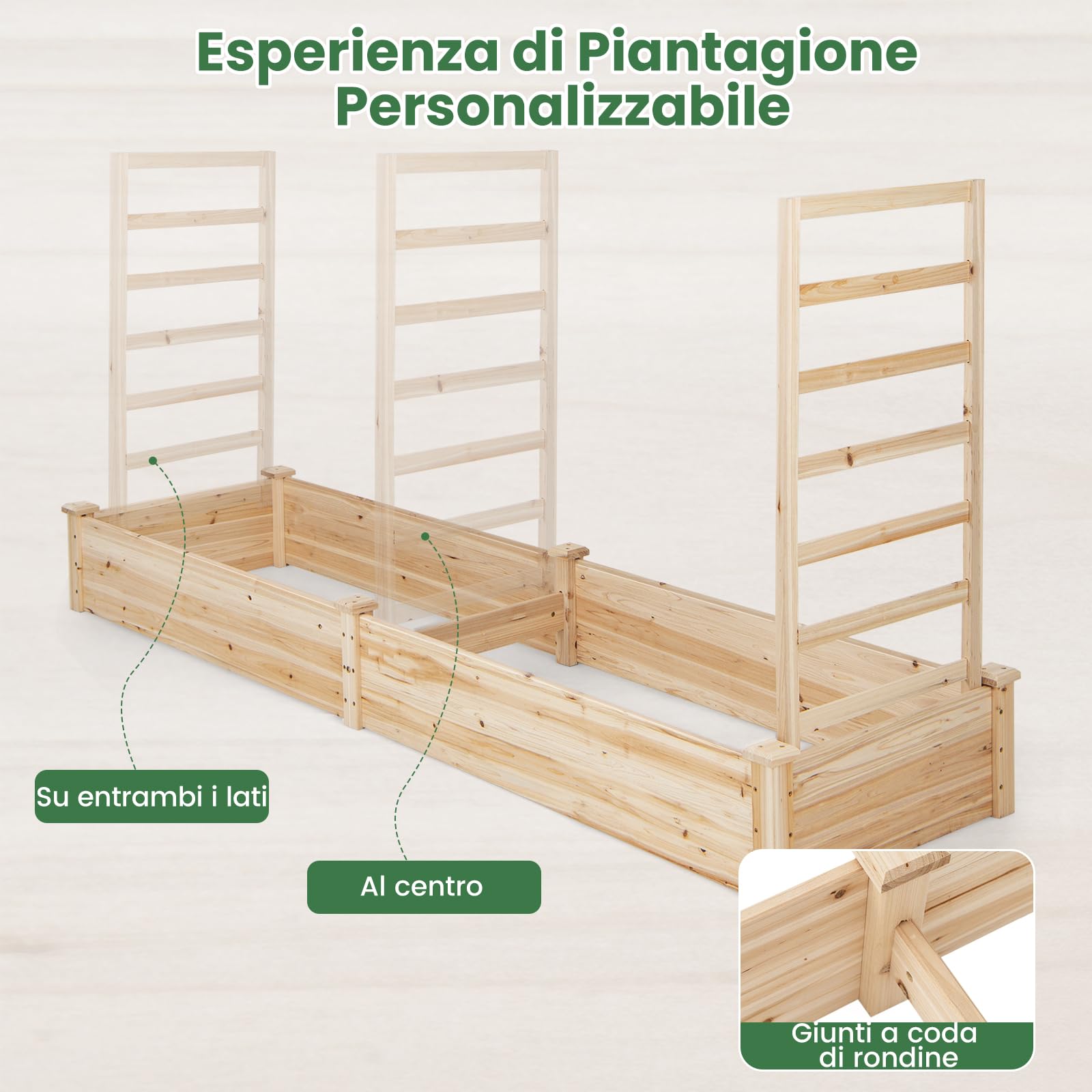 RELAX4LIFE Fioriera da Esterno, Orto Rialzato con Spalliera e 2 Cassoni, Base Aperta, Fioriera in Legno di Abete per Fiori e Piante Rampicanti per Balcone/Giardino (235x63x102cm, Naturale)