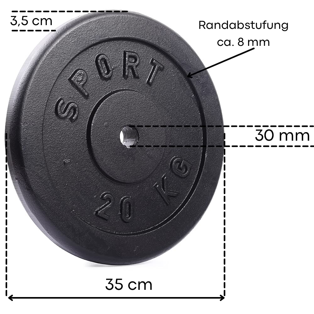 AtHaus® Discos de pesas de hierro fundido, diámetro de 30/31 mm, 1,25 kg, 2,5 kg, 5 kg, 10 kg, 20 kg, barra corta de 26 mm de diámetro, barra curvada y barra larga de 28 mm de diámetro, placa de