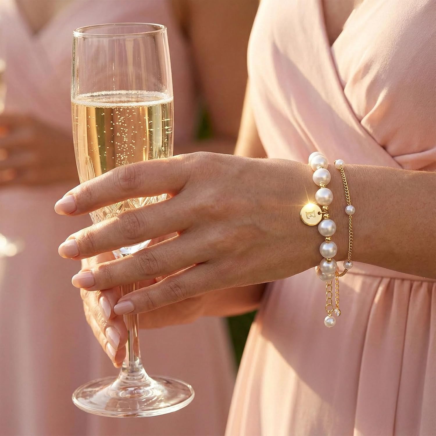 Fizzlup 2Pcs Pearl And Gold Initial Bracelet Set，Dainty Pearls Bracelets Jewelry for Women Wedding Prom Trendy Crystal Charm Cuff Stack Bead Linkbracelet Personalized Gift Stuff Letter