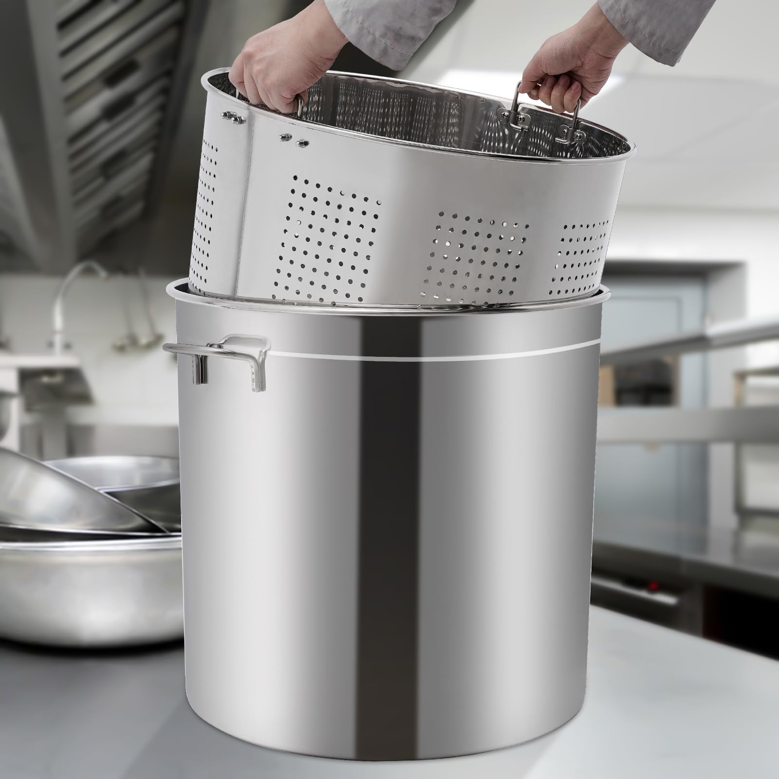 Olla universal de 50 l, grandes barriles de acero inoxidable con tapa y cesta para cocinar alimentos, escurrir verduras y frutas o como cubo de filtro para freír, etc