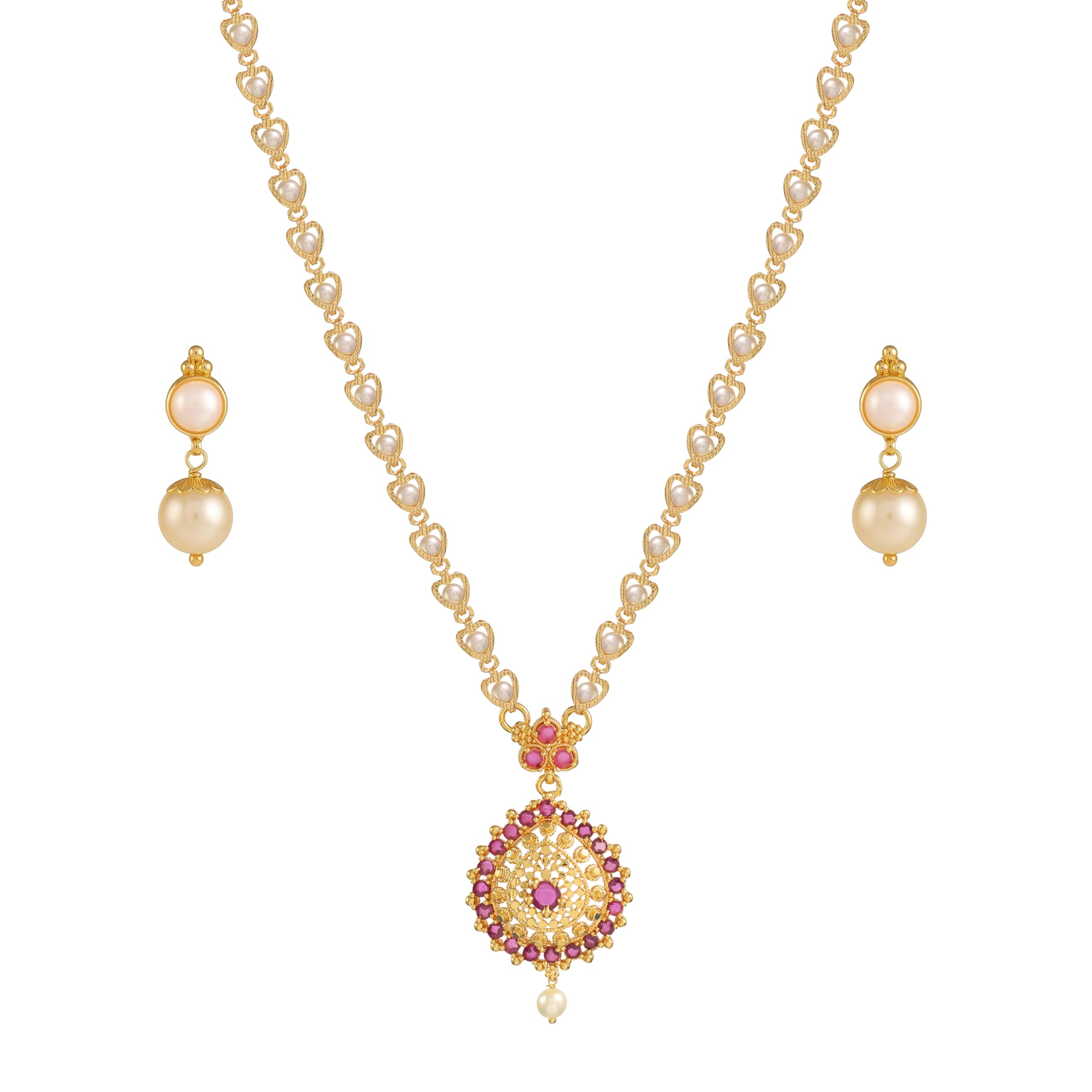One Gram Micro Gold Plated Traditional Trendy South Indian Fashion Jewellery Stylish Ruby Emrald Stone Necklace for Women & Girls (NEC-8096)-image-17