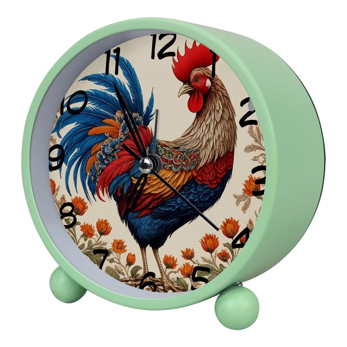 Luoweisi Analog Alarm Clock Rooster Flower, Silent Non-Ticking with Night Light, Battery Operated, Round Desk Alarm Clock for Office, Bedroom, Elderly, Adults, Children, Student Gifts