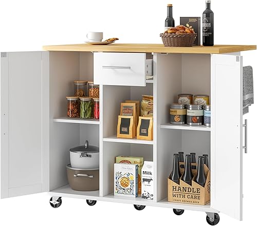 Miniatura 10 de JY QAQA Isla de cocina de 42 pulgadas con ruedas con armario de almacenamiento, armario de cocina con estantes, asa de carrito para toallero o