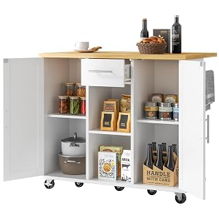 JY QAQA 42" Kitchen Island with Storage on Wheels, Rolling Table with Drop Leaf, Drawers, Cart Handle for Towel Rack or Free Movement, White - Amazon product rated Grade A