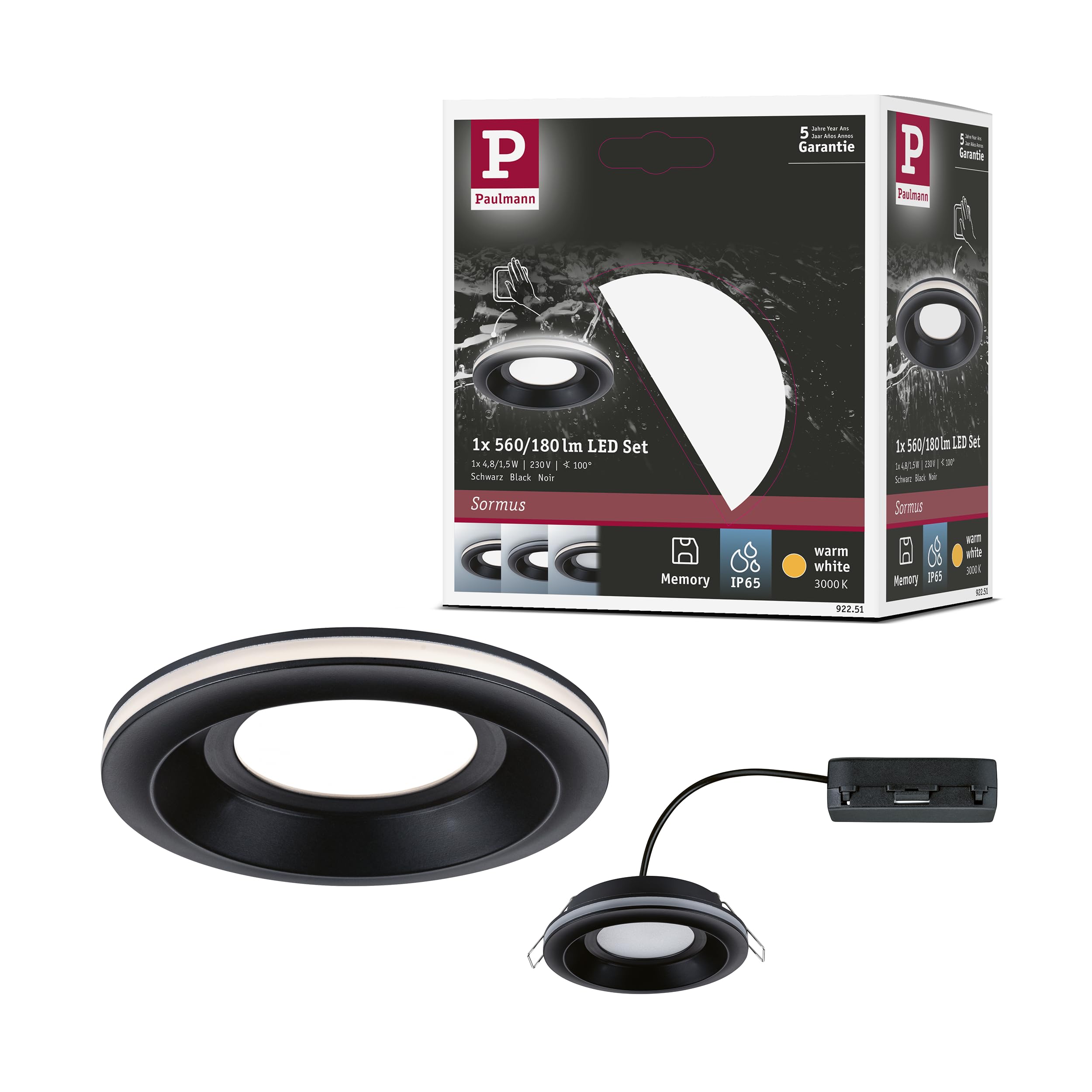 Paulmann 92251 LED Recessed luminaire Sormus IP65 Round 100mm 4,8/1,5W 560lm / 180lm 230V 3000K Black