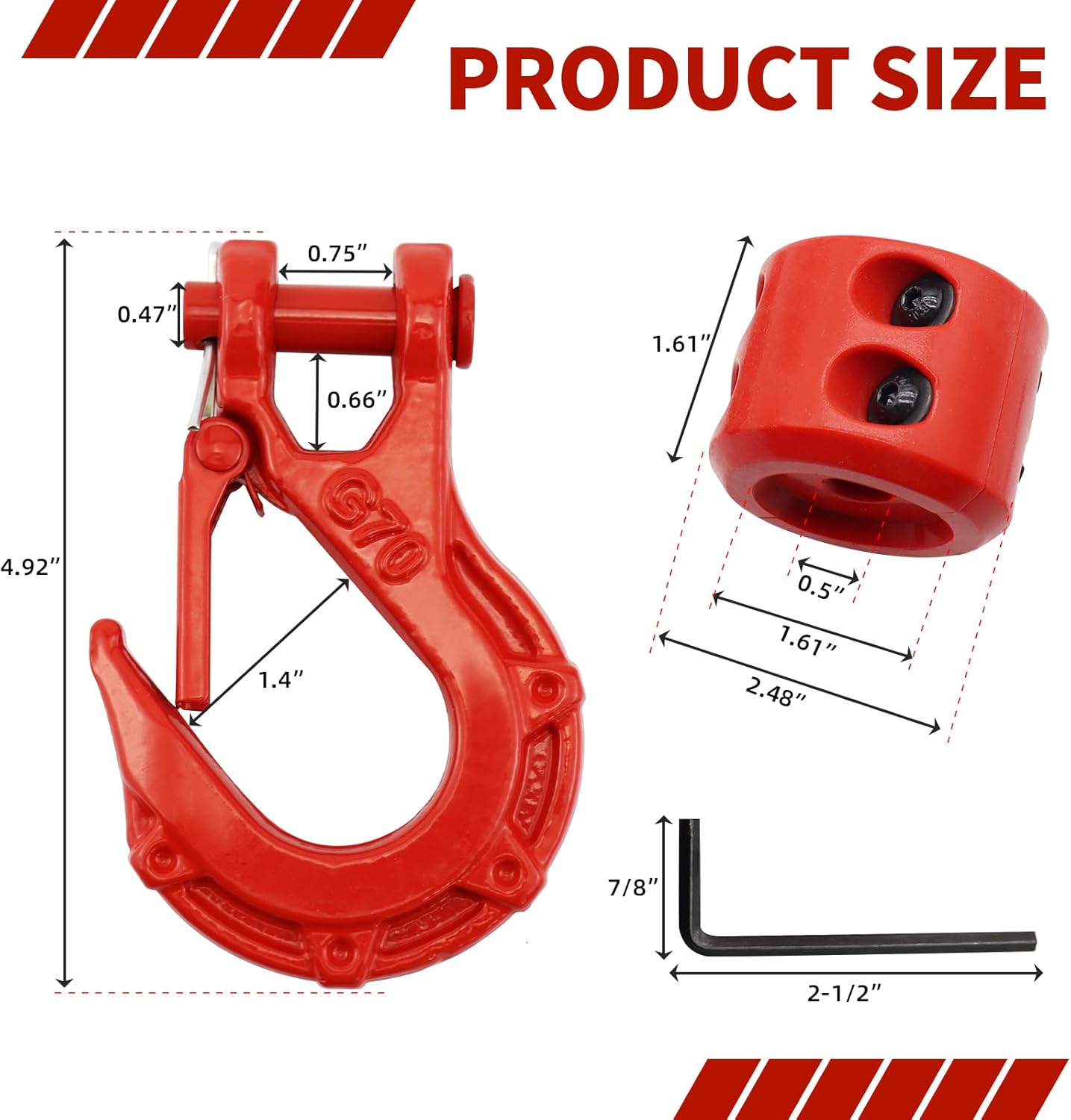 3/8" Winch Hook with Cable Stopper - Grade 70 Safety Steel Max 37478 LBS Winch Cable Hook Stopper Set for Winch Rope,UTV,ATV,Off-Road (Overall red) - Image 2