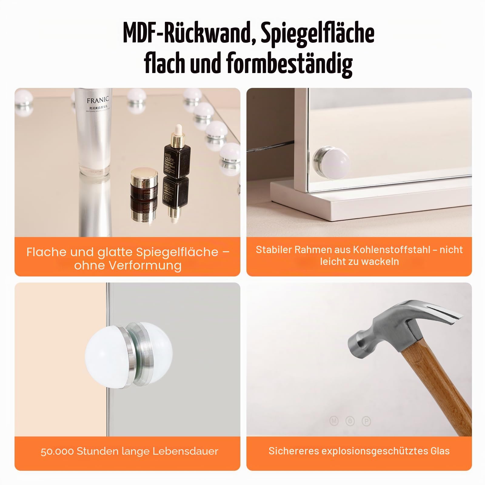 VEVOR Hollywood Schminkspiegel mit Beleuchtung, dimmbare Glühbirnen & 3 Farbbeleuchtungsmodi, Kosmetikspiegel mit Abnehmbarer 5-facher Vergrößerung, USB, Typ C, Smart-Touch-Steuerung, 791x597mm