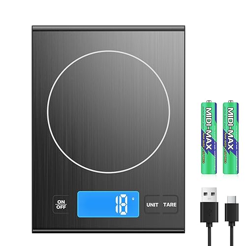 Diyife - Báscula de cocina recargable de acero inoxidable 304, báscula digital de alimentos de 33 libras con pantalla LCD, baterías y carga tipo C,