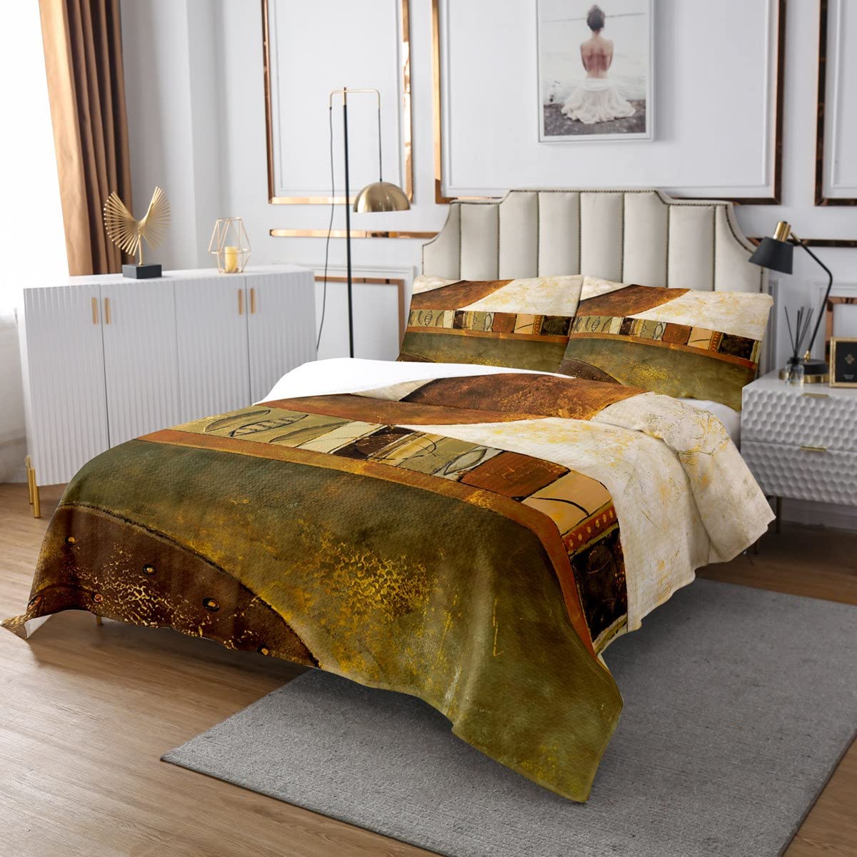 Homemissing Kids Vintage Abstracte Sprei Retro Bruin Rommelig Roest Coverlet Set Moderne Grunge Art Gewatteerde Coverlet Groen Bruin Gewatteerde Slaapkamer 3 Stks Dubbele