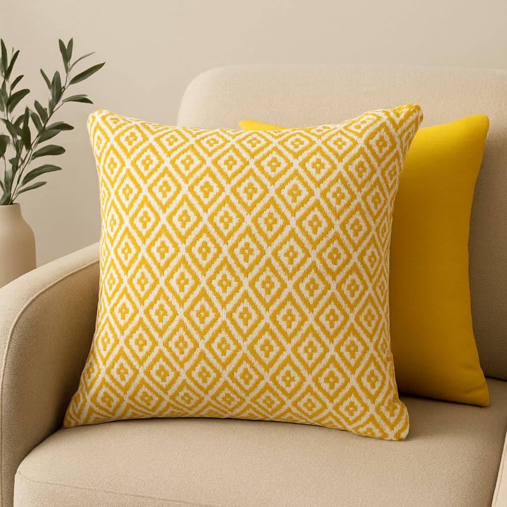 The Furnishers Reversible 24x24 Inch Yellow Cotton Argyle Woven Pack of 1 Fashion Throw Pillow Covers Cases for Couch Sofa Home Decoration | 60 x 60 cm