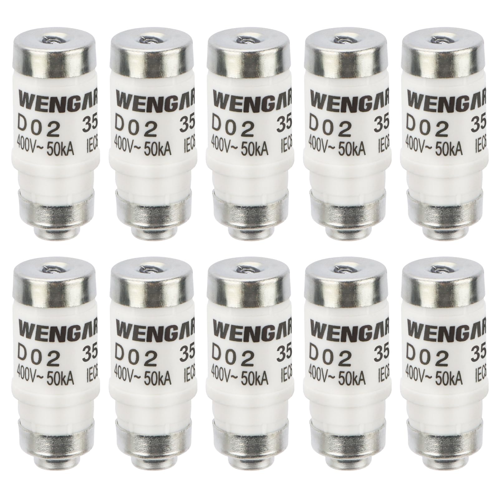 Wengart 35A D02 Ceramic Fuses, E18 Screw Type Bottle Fuse, gG Class AC 400V / DC 250V, High Breaking Capacity Arrester with Visual Blow Indicator, for Marine & Industrial Switchgear, 10-Pack
