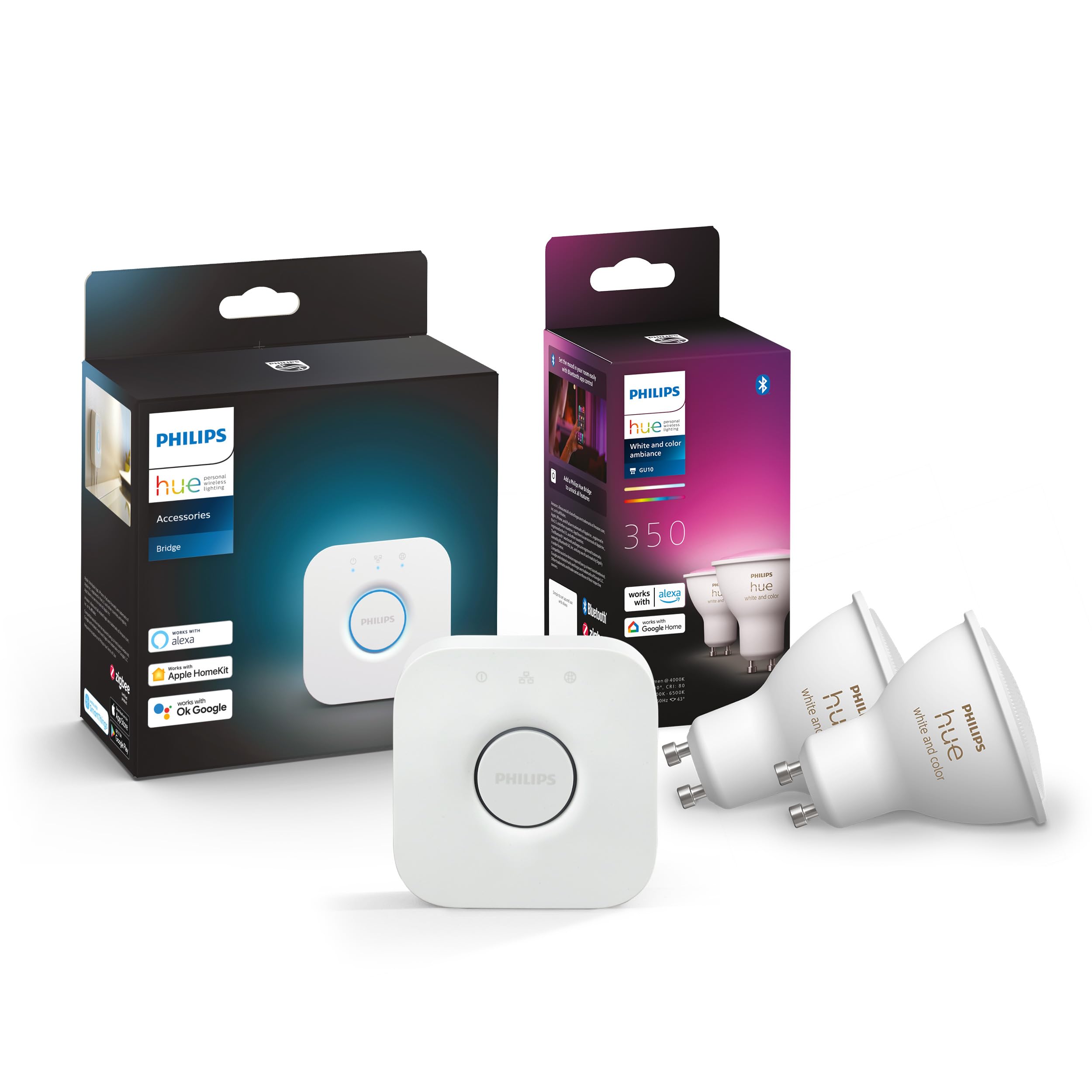 Philips Hue Starterkit Lot de 2 ampoules GU10 et chevalet Blanc et couleur