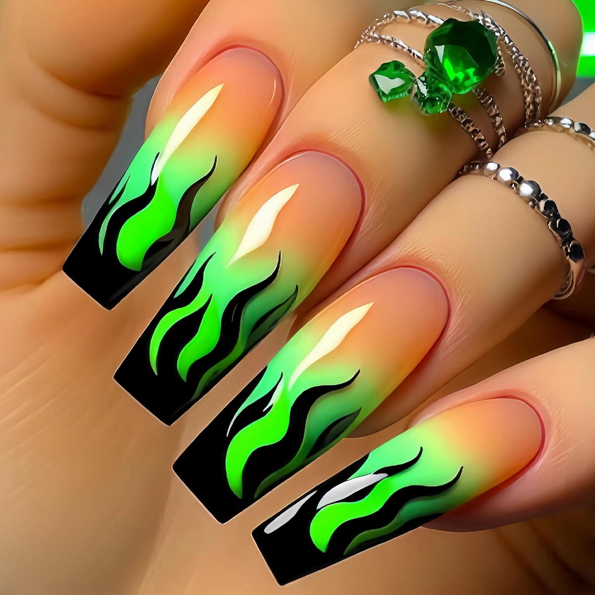MERVF Press on Nails Long Coffin Fake Nails Black Flame French Tip Glue ons Goth Acrylic Nail Green Ombre Design 24pcs Glossy