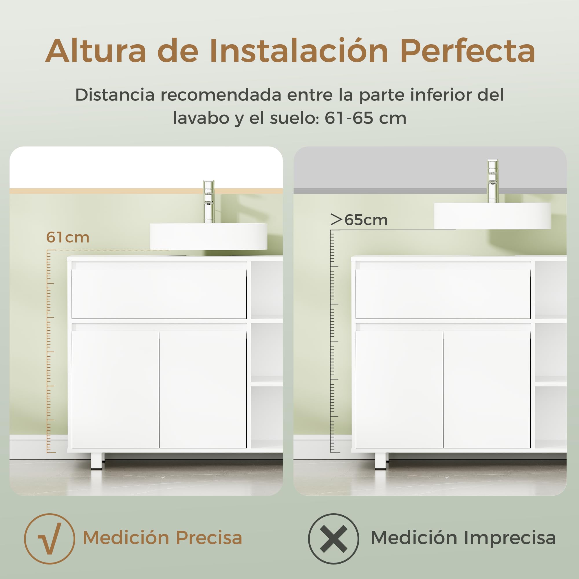 ANWBROAD Mueble Bajo Lavabo,Mueble Baño Auxiliar Armario Baño 64.5x30x90cm | Compartimento de Almacenamiento Oculto, 2 Puertas, 3 Estantes Abiertos Ajustables, Mueble bajo Lavabo con Patas Blanco
