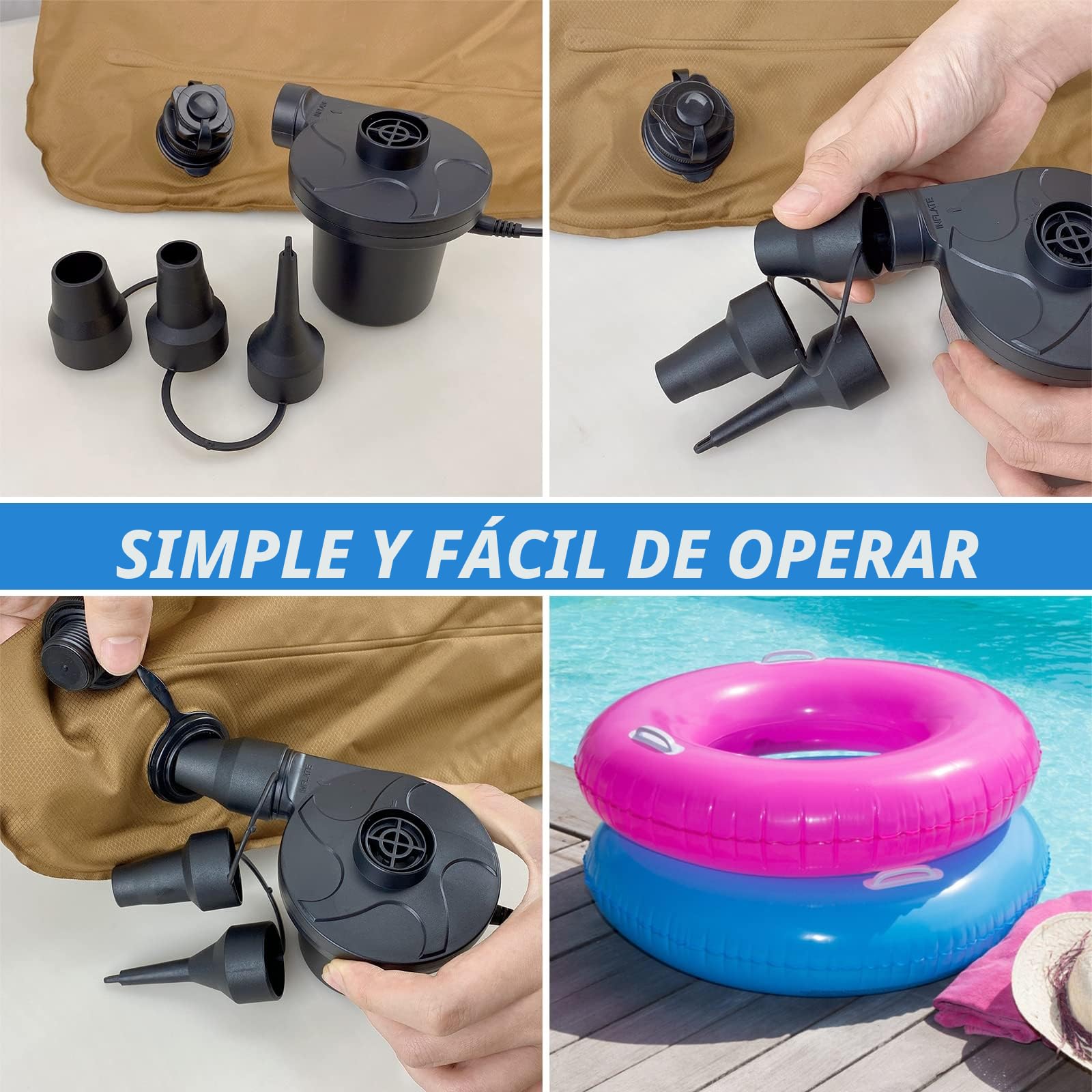 Jsdoin Inflador Electrico, Bomba de Aire Eléctrica Portátil, 220-240V AC Inflador Colchon Hinchable,2 en 1 Hinchador Colchon Hinchable, Colchones Inflables, con 3 Boquillas