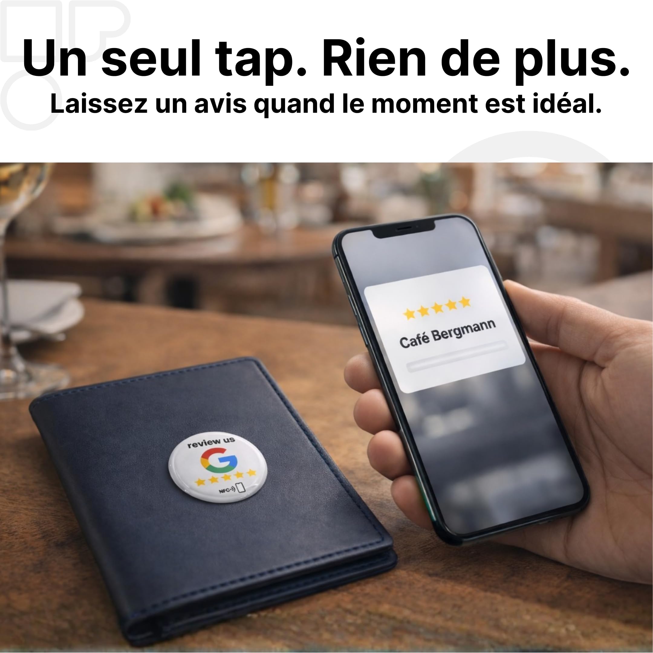 Lot de 2 autocollants Google NFC « Review us » sur Google NFC - 3 cm de diamètre - Collect plus de reviews instantanément avec un seul bouton - Auto-programmable et réutilisable - Parfait pour les