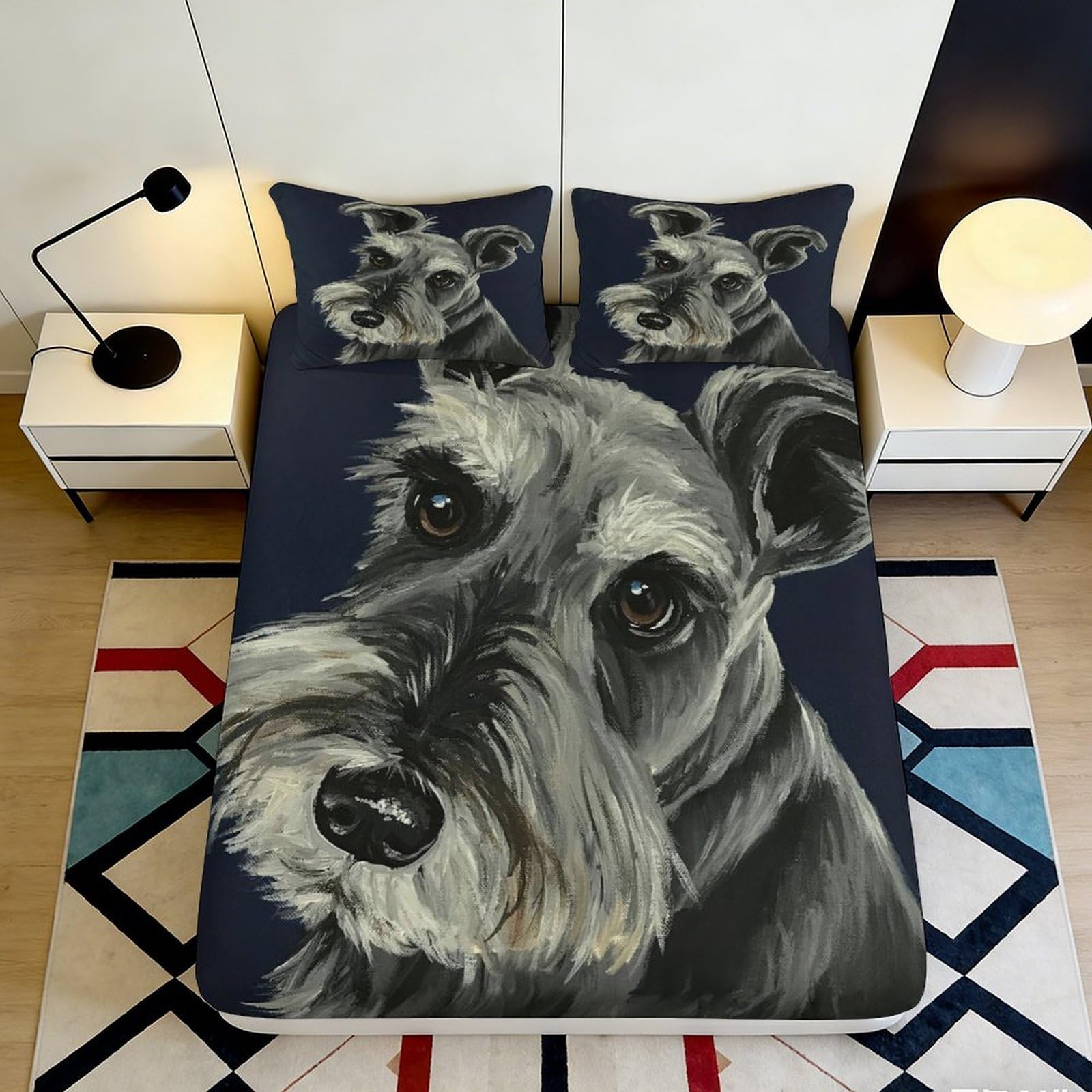 3D Printed Schnauzer Dog Fitted Sheet Microfiber Soft Breathable Black Dog Portrait Mattress Cover Bedroom Decor 90x200x25cm
