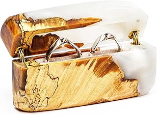 RWA Luxury Double Engagement Ring Box Slim Epoxy & Wood Jewelry Dispay Case for Proposal, Wedding Day, Gift Handmade Jewelry Box Organizer, Keepsake Ring Holder for Bride, Ring Bearer FLASH (pearl)