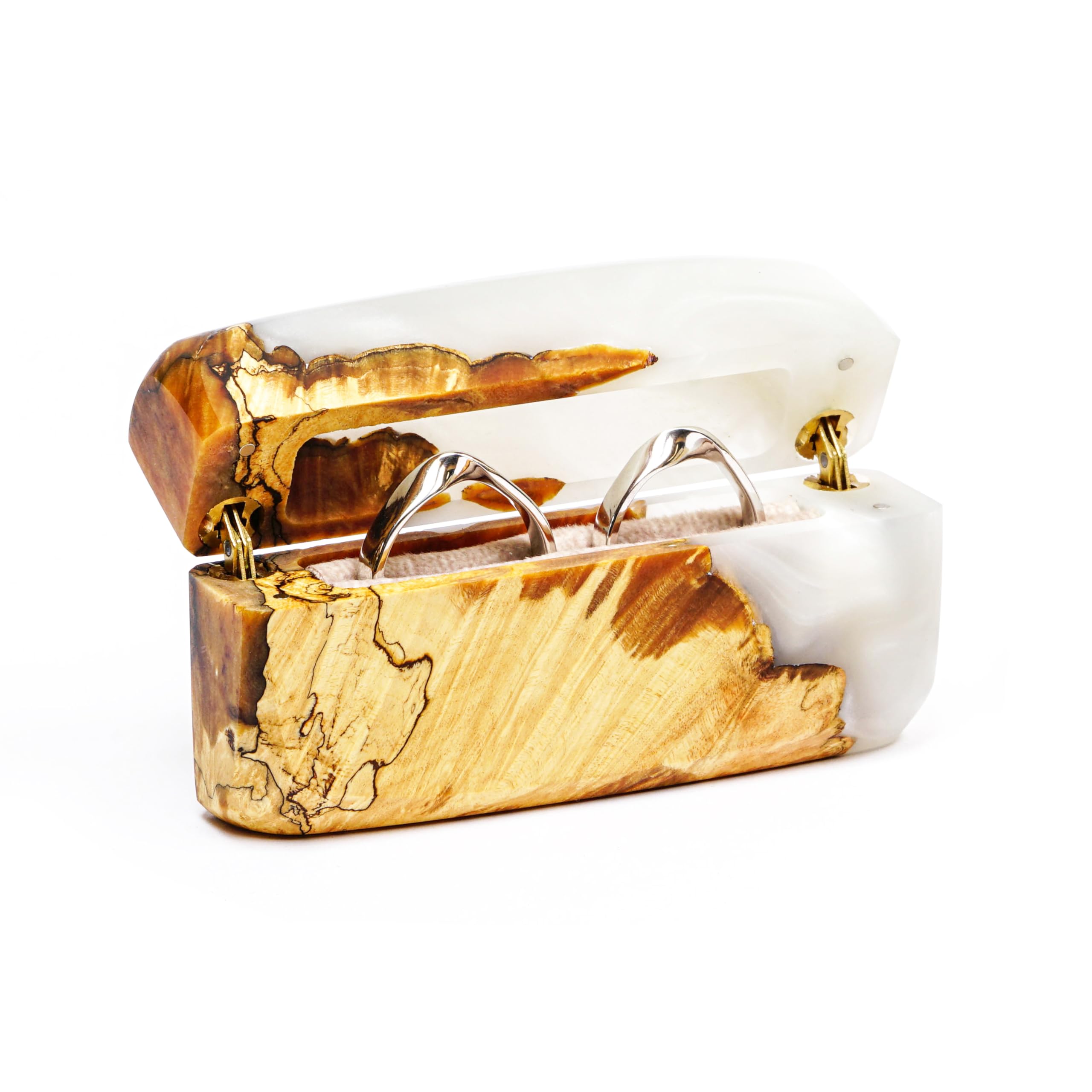 RWA Handcrafted Double Engagement Ring Box – Wood & Epoxy Resin Ring Case, Slim Pocket Proposal Ring Holder with Velvet Interior, Unique Handmade Jewelry Box - FLASH (pearl)