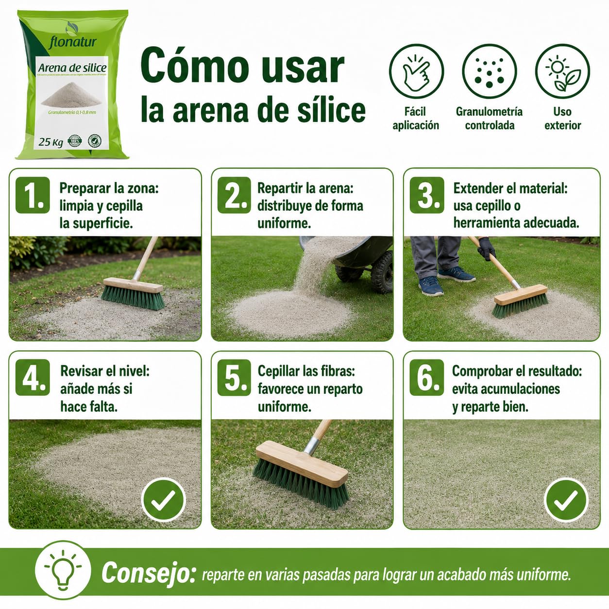 Arena de silice para cesped Artificial, Saco 25kg, Arena de Gatos, pavimentos Decorativos, Deportivos, Pistas de Padel, Futbol. Granulometría 0,1-0,8