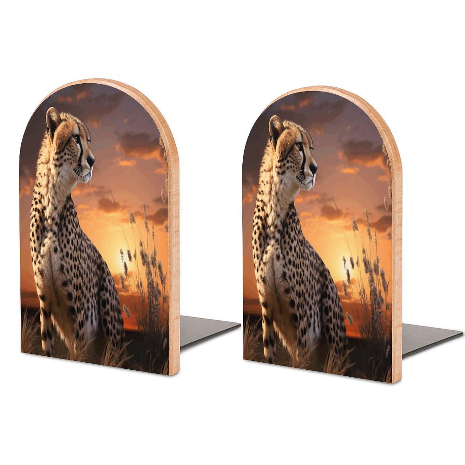Cheetah Looking Out Over Savanna with Sunset Bookend Wood Book End for Shelves Heavy Duty Non-Slip Wooden Bookend Support Universal Economy Bookends Fancy Modern Decorative Book Accessories 1 Pairs