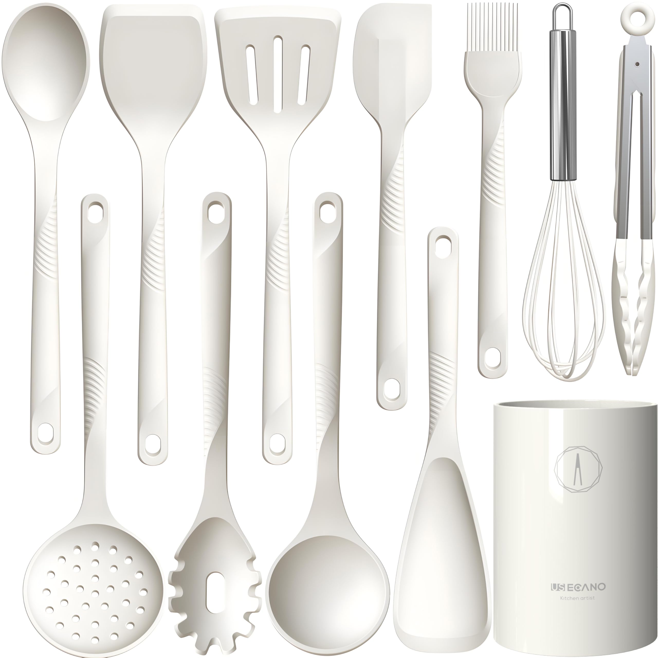 Juego de utensilios de cocina de silicona resistentes al calor, antiadherentes con espátulas, cucharas, batidor, pinzas, sin BPA, aptos para lavavajillas, color blanco crema