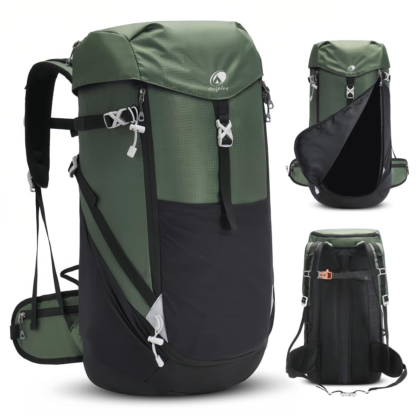 50L Zaino da Trekking con Apertura Frontale, Zaino da Viaggio Impermeabile per Campeggio Escursionismo, Grande Zaino da Montagna Leggero per Sport Alpinismo Avventura, Verde