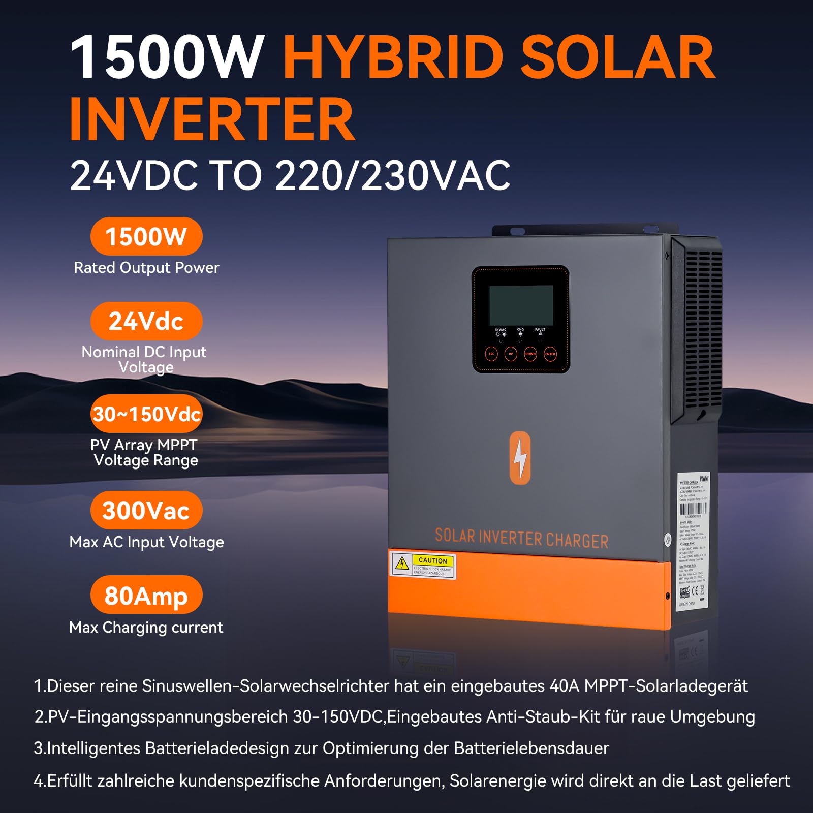 PowMr Falownik hybrydowy MPPT 1500 W, 24 V DC do 220 V/230 V AC, falownik solarny
