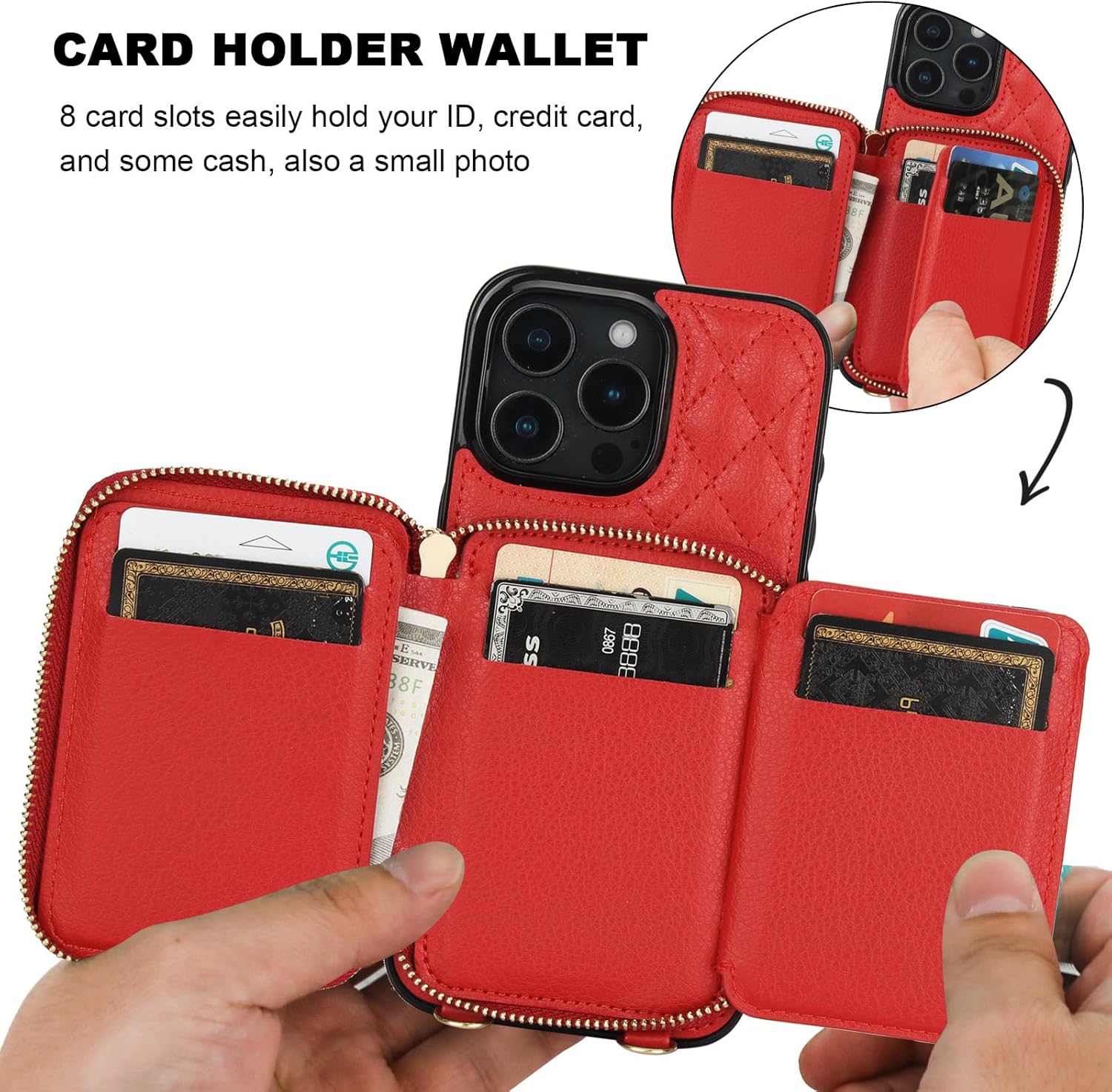 Bocasal Crossbody Wallet Case for iPhone 16 Pro Max, RFID Blocking PU Leather Zipper Handbag Purse Flip Cover, Kickstand Folio Case with Card Slots Holder Wrist Strap Lanyard 5G 6.9 Inch (Red)