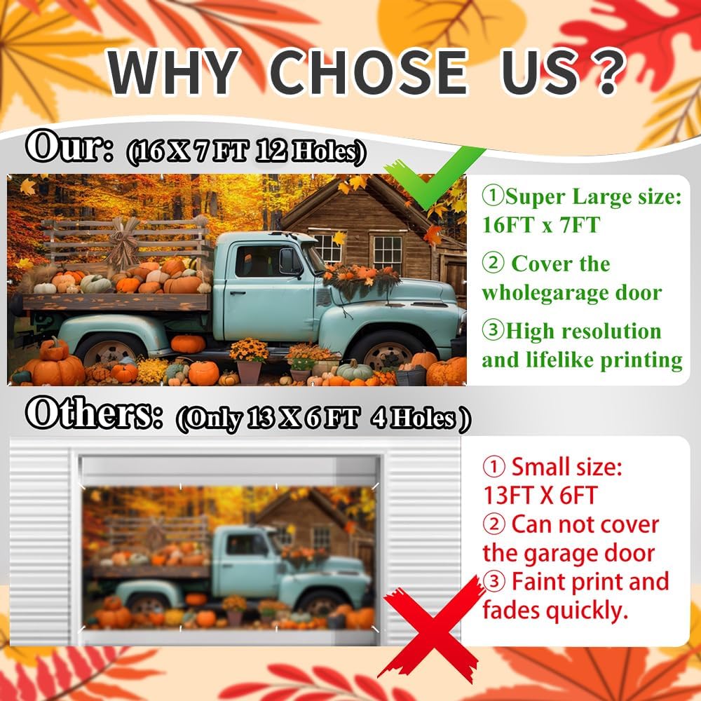 Fall Thanksgiving Garage Door Cover Decorations Backdrop Banner,7x16ft Large Hanging 2 Car Garage Door Cover,Autumn Maple Forest Pumpkin Truck Backdrop Wall Decor for Outdoor Holiday Decorations