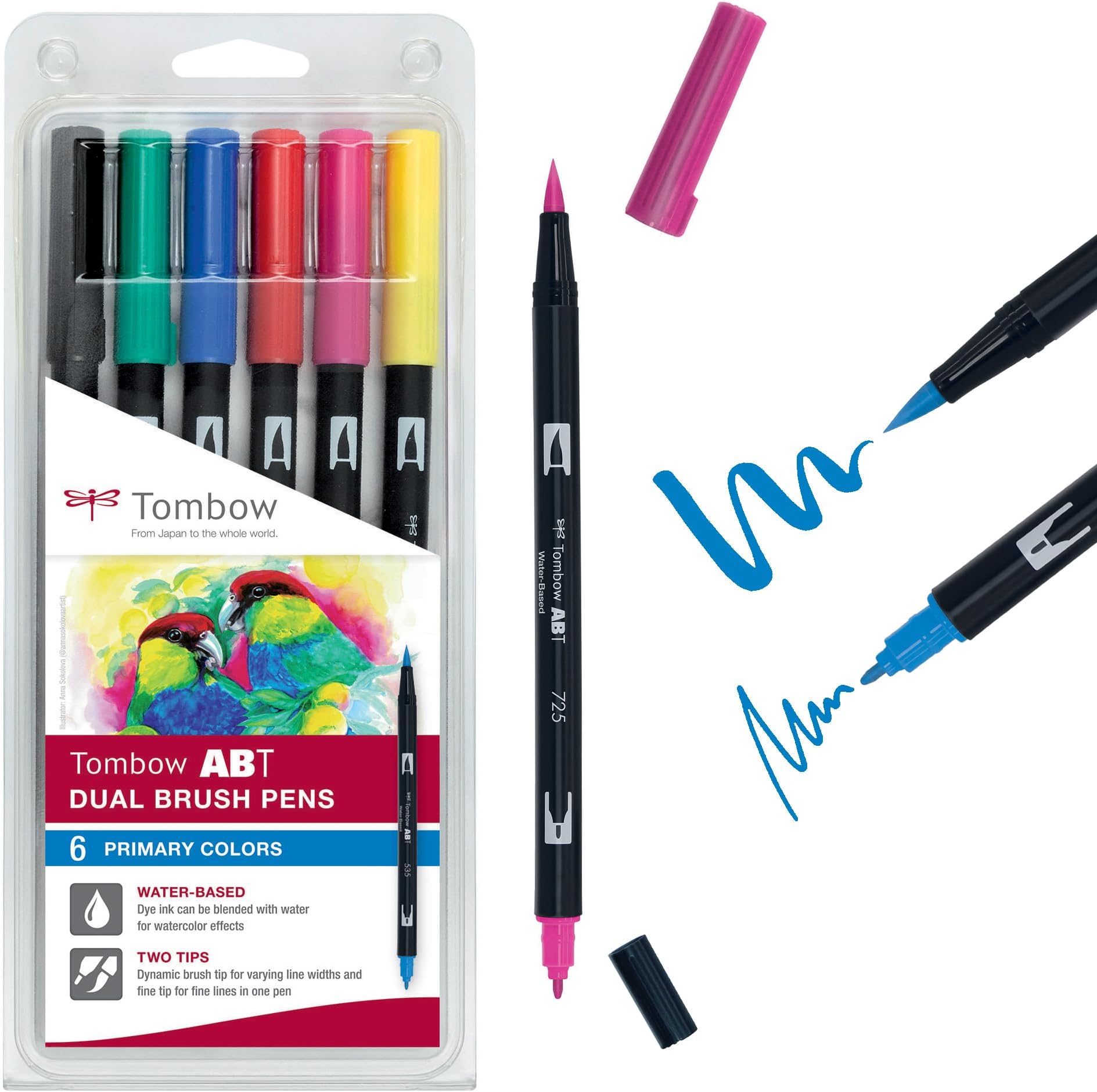 Tombow ABT Dual Brush Pen Set - 6 Fasermaler Mit Pinsel- & Feinspitze, Wasservermalbar, Primärfarben