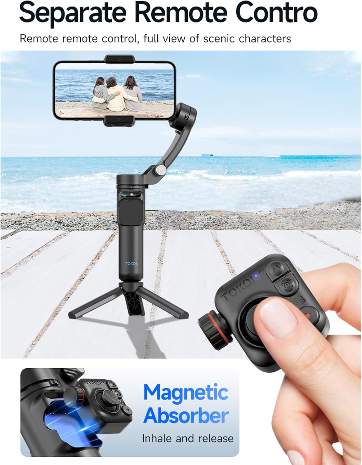 Image showing the gimbal on a tripod with a hand holding the detached remote control.