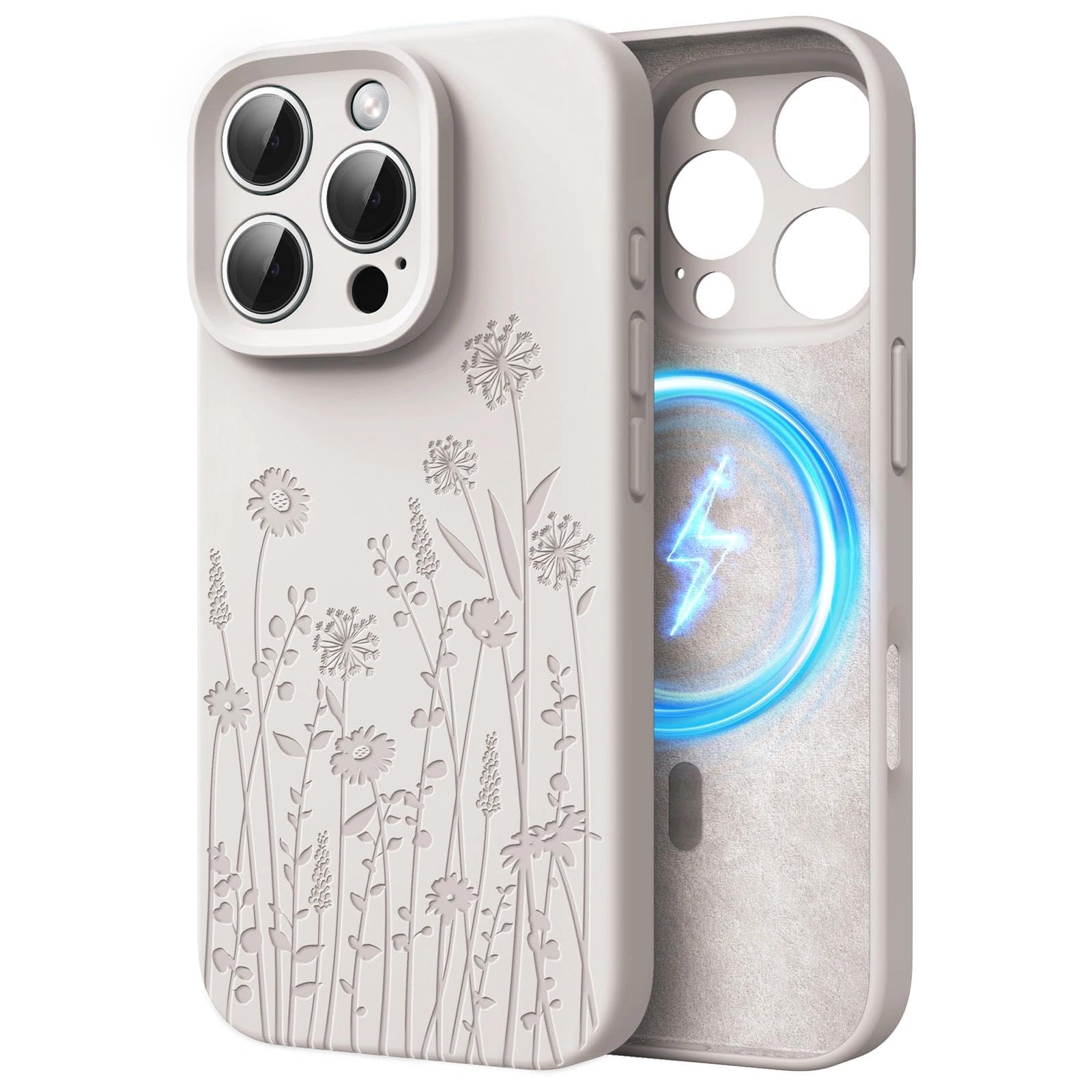 FEWGEY Silicone Phone Case for iPhone 16 Pro Max Compatible with Magsafe, Hard Liquid Silicone Cute White Spring Floral Design Shock Proof Heavy-Duty