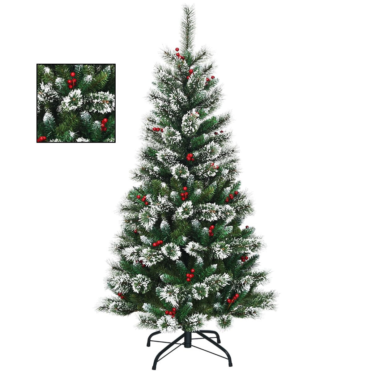 KOMFOTTEU 150 cm Arbre de Noël Artificiel, Neigeux avec Pommes de Pin | Sapin de Noël à Ouverture automatique avec Base en métal, Arbre de Décoration de Noël en PVC