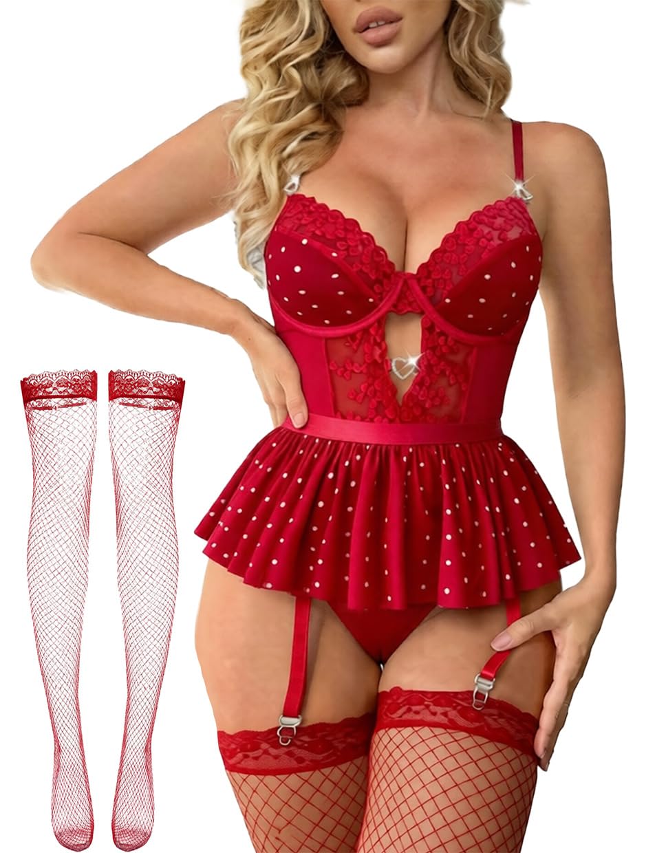 Alrovetoney Women Lingerie Set Naughty Lace Bodysuit High Waisted Underwire Lingerie Babydoll With Garter Belt and Stockings