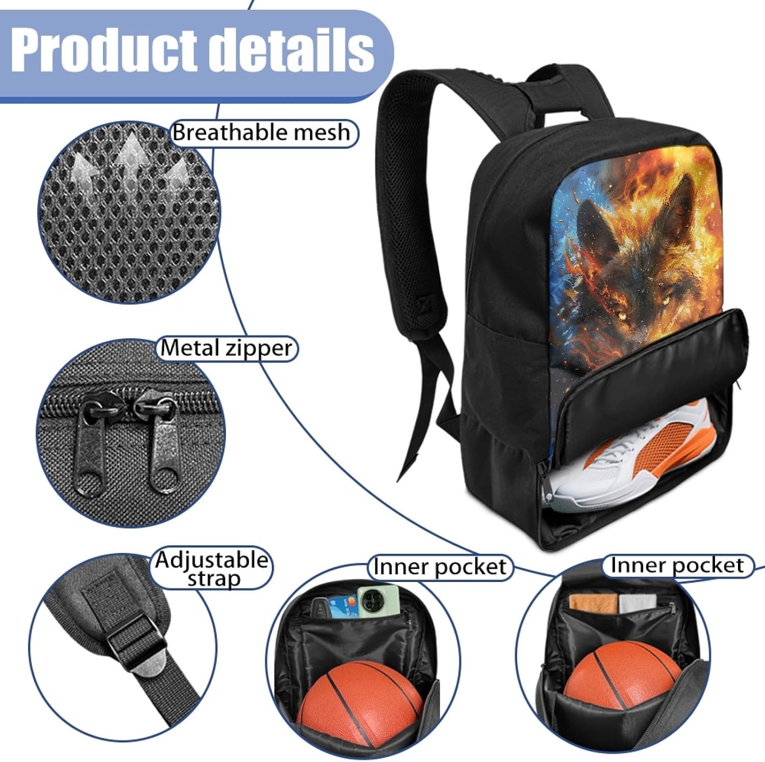 Wolf Boys Equipment Bag with Ball Compartment,Flame Sports Backpack for Elementary Kids Cool Duffle Bags for Age 5-15 Children Bookbag for Traveling