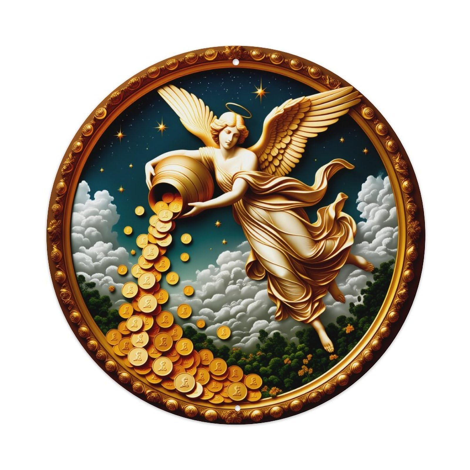 Angel Pouring Gold Coins Into Clouds And Forest Metal Tin Sign Plaque