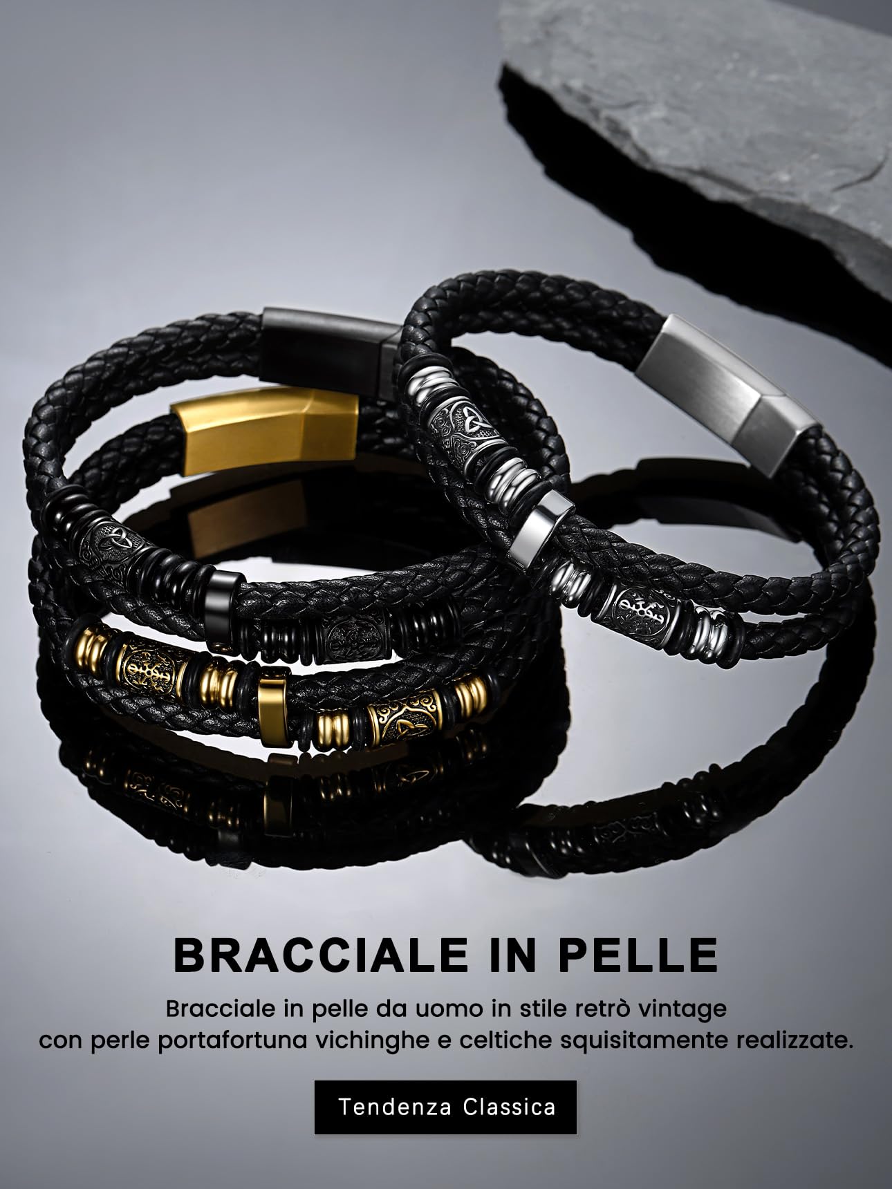 Bestyle Brcciale Uomo in Pelle Bussola Vichinga Chiusura Magnetica Elementi Vichinghi Bracciali Multistrato Impermeabile e Resistente al Sudore 19/21/23CM