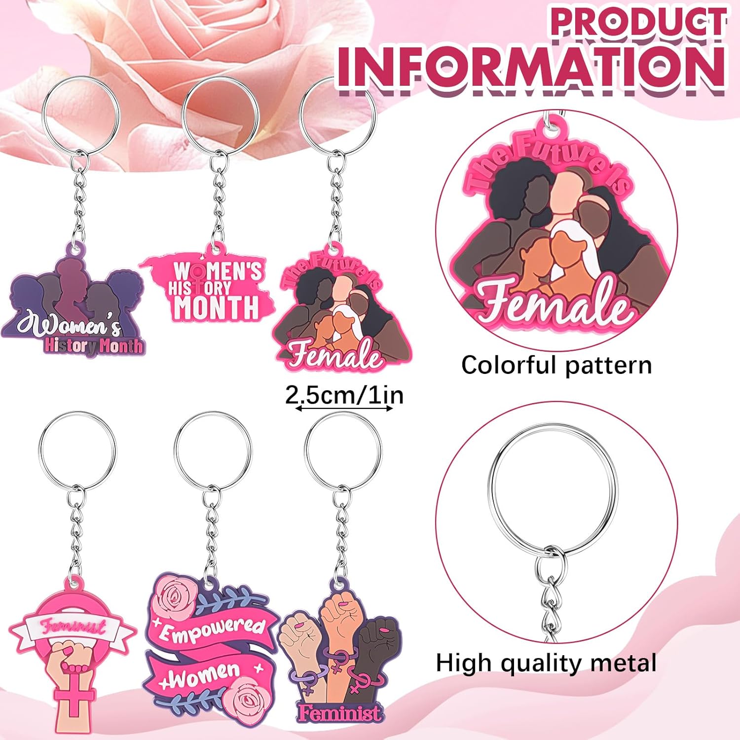 96 Pcs Women's History Month Keychain Bulk Women Empowerment Gift Pink Feminist Keychain Bulk Female Rights Awareness Inspirational Freedom Equality Party Supplies Decoration, 6 Styles