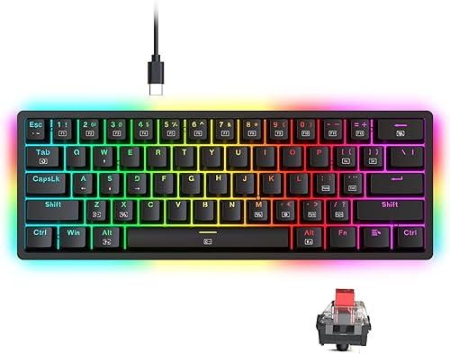 Teclado mecánico al 60%, mini teclado para juegos con cable, compacto 60%, retroiluminación RGB, interruptor rojo intercambiable en caliente,