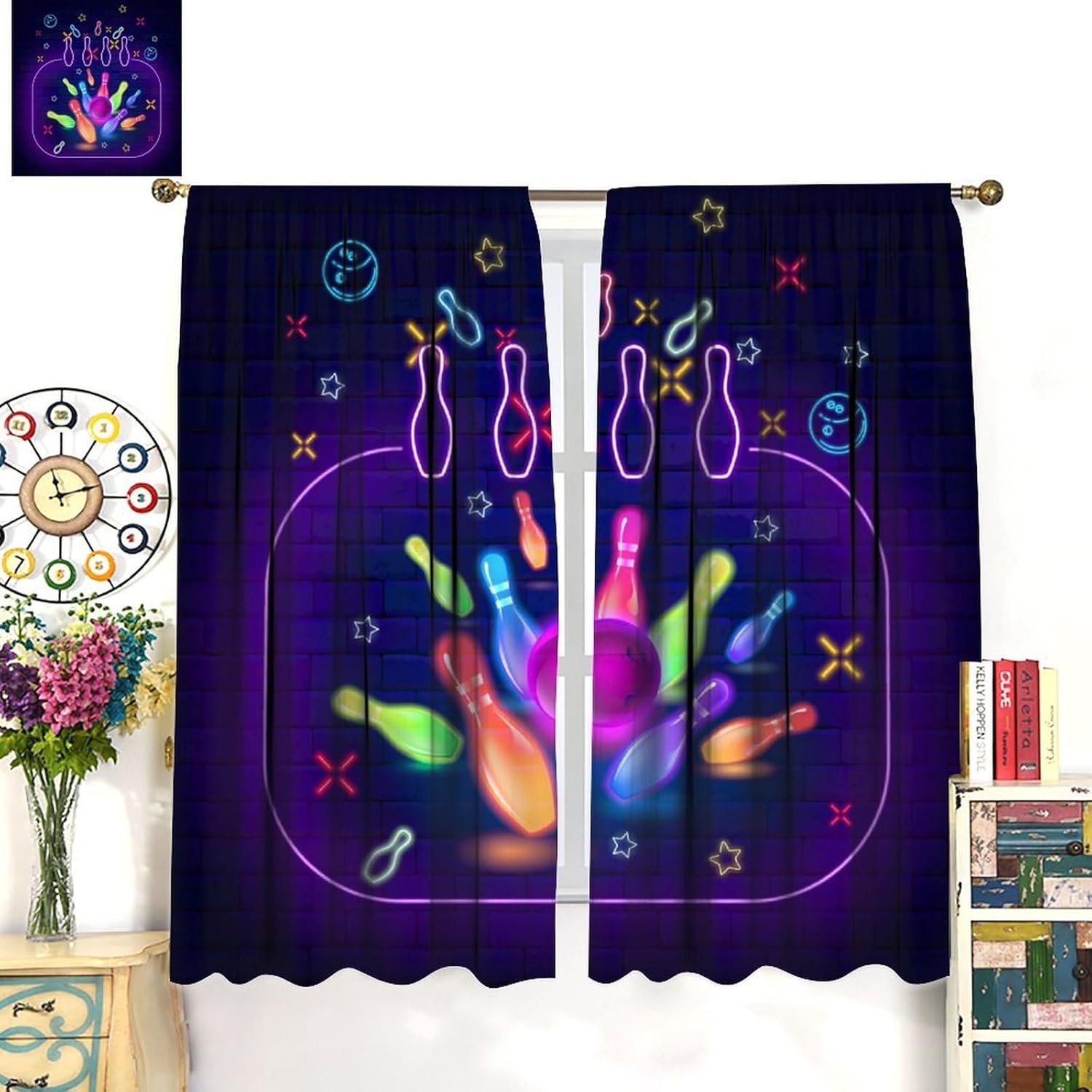 Abstract Bowling Ball Curtains Window Drapes Funny Colorful Modern Sports Game Bowling Neon Design Curtain Blackout Thermal Insulated Rod Pocket Curtains for Bedroom- 2 Panels 72" L x 31.5" W