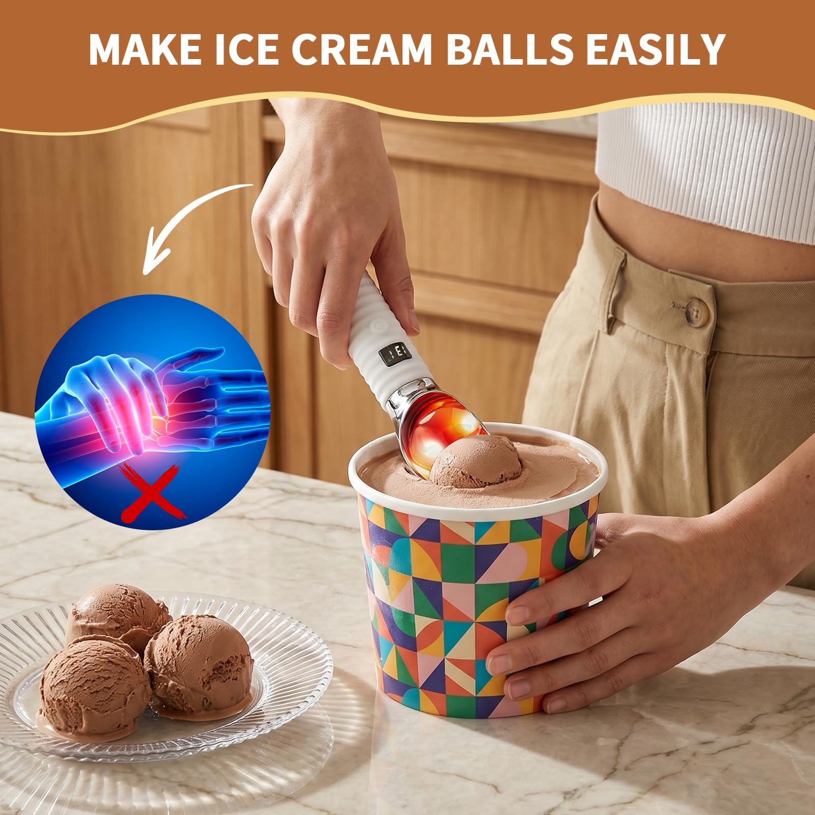 Paletta per Gelato Riscaldata,Cucchiaio per Gelato Riscaldabile Elettrico con 2 Livelli di Calore 55/70°C Display LED Porzionatore per Gelato Riscaldato per Gelato Duro Artigianale,Impermeabile IP68